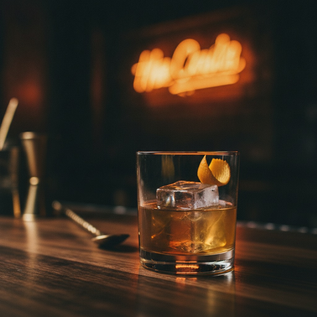 Craft cocktail on a dark bar with warm neon glow